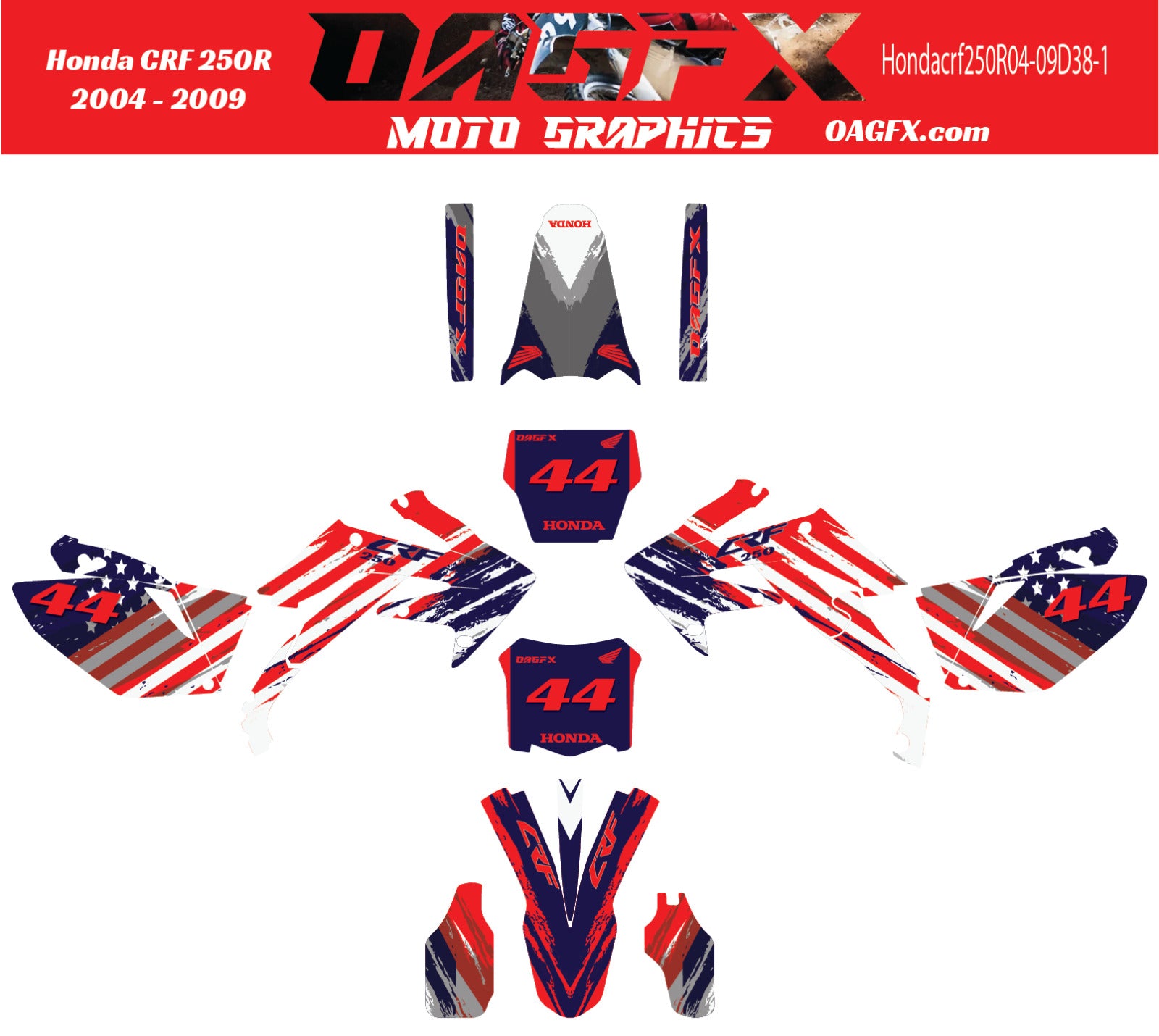 2004-2009 Honda CRF250R Graphics Kit - Pro Ed D38-1 CRF 250 USA Flag