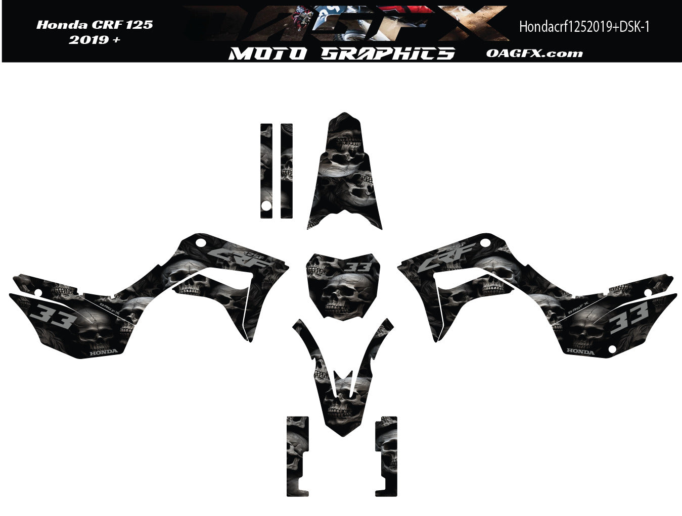 2019+ Honda CRF 125 Graphics Kit - Pro Ed DSK-1 Stealth Skulls CRF125F