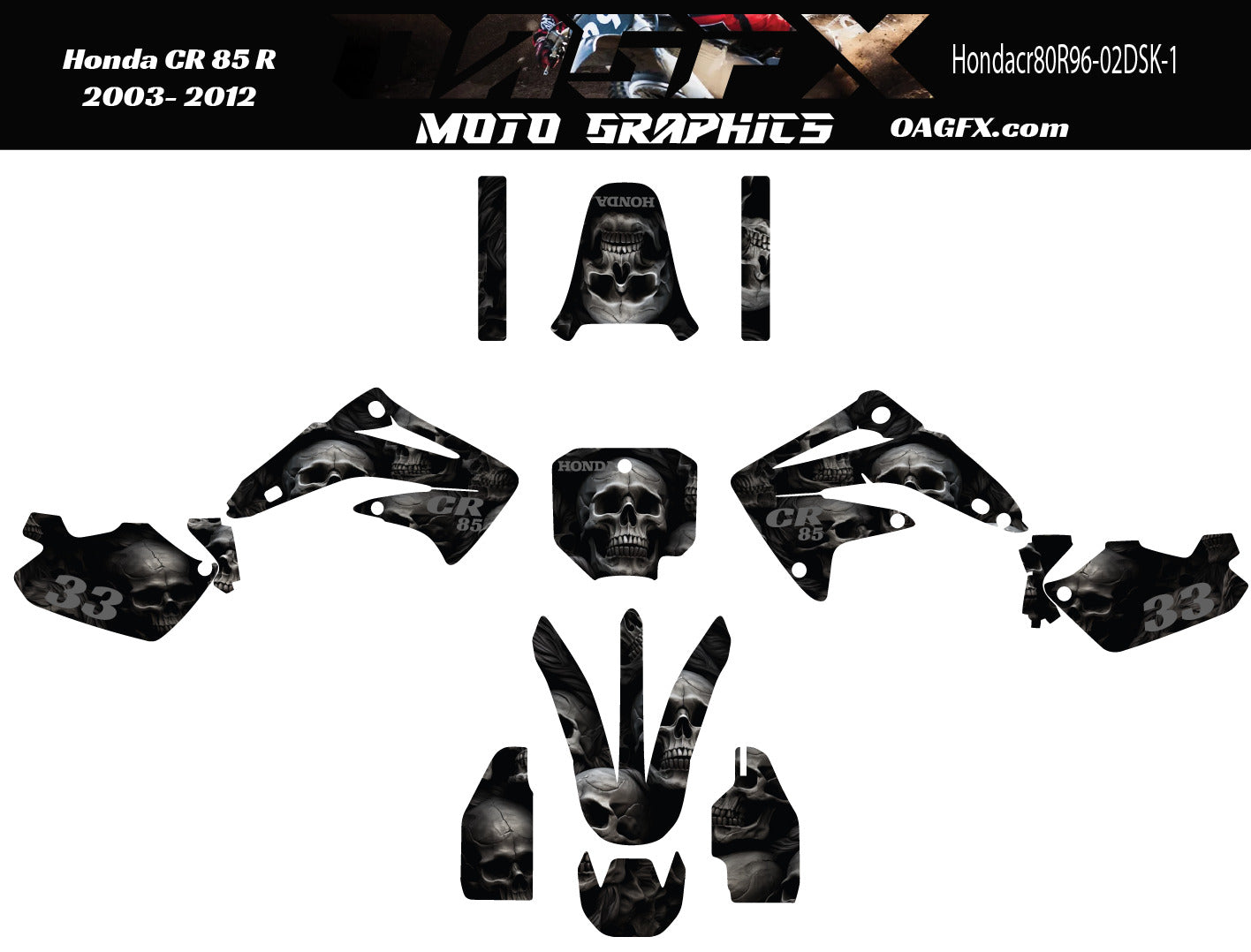 2003 - 2012 Honda CR 85  OAGFX Graphics Kit - DSK-1 Stealth Skulls  CR85