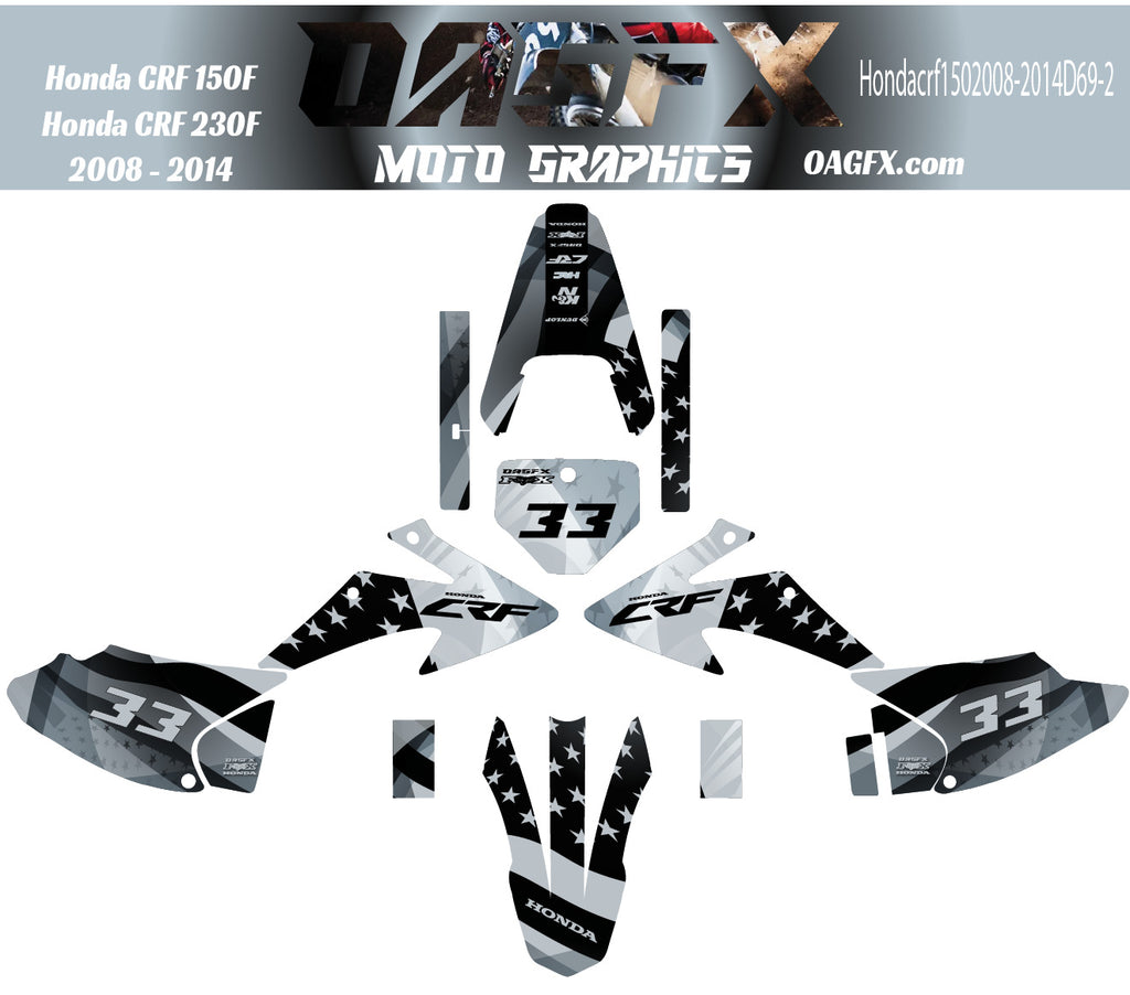 2008-2014 Honda CRF 150F 230F Graphics Kit - Pro Ed D69-2 USA Flag Gray