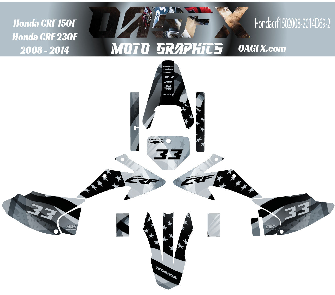 2008-2014 Honda CRF 150F 230F Graphics Kit - Pro Ed D69-2 USA Flag Gray