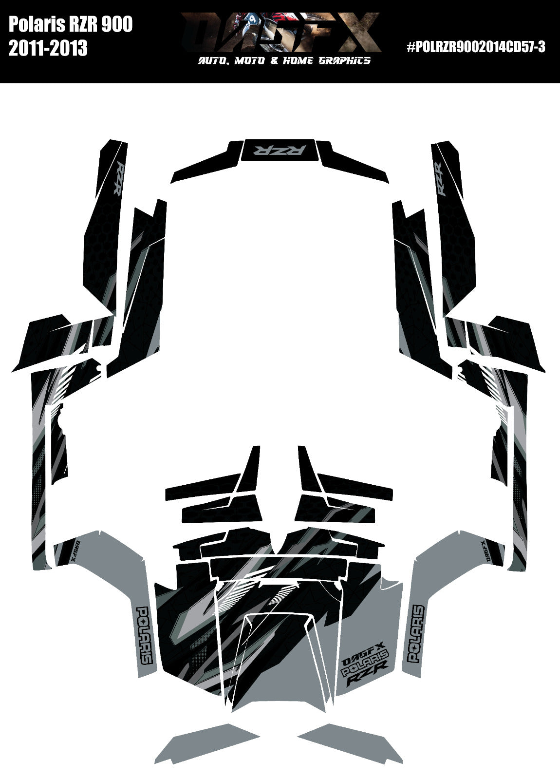 2011 - 2013 Polaris RZR 900 Graphics Kit D57-3 Black and Grey