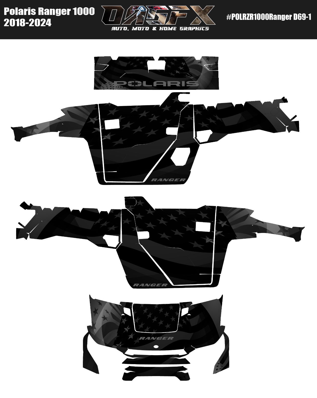 2018 - 2024 Polaris Ranger 1000 Graphics Kit D69-1 Stealth USA Flag