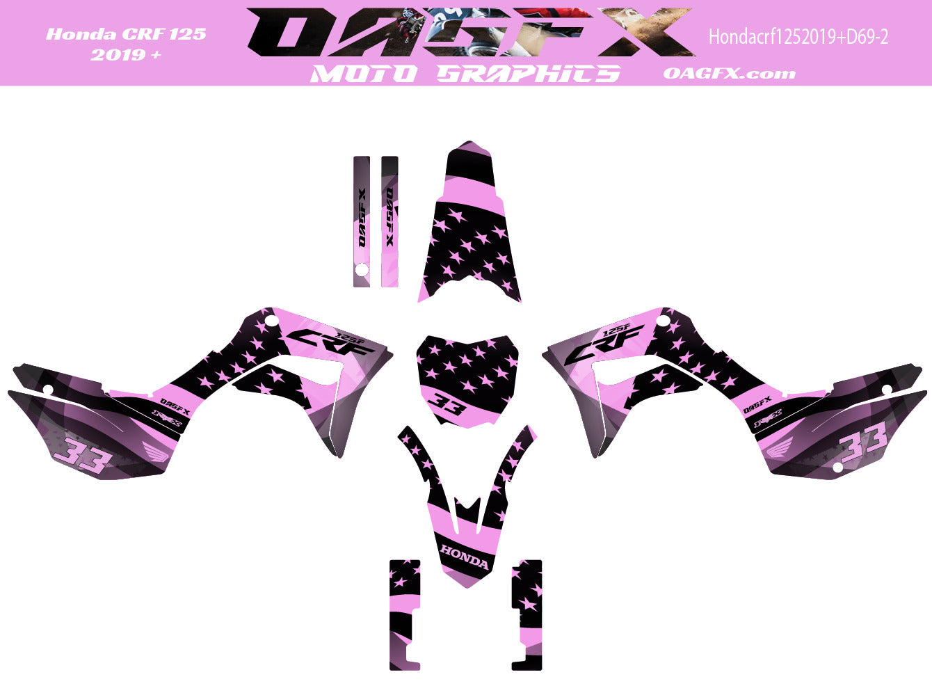 2019+ Honda CRF 125 Graphics Kit - Pro Ed D69-2 CRF125 USA Flag Pink