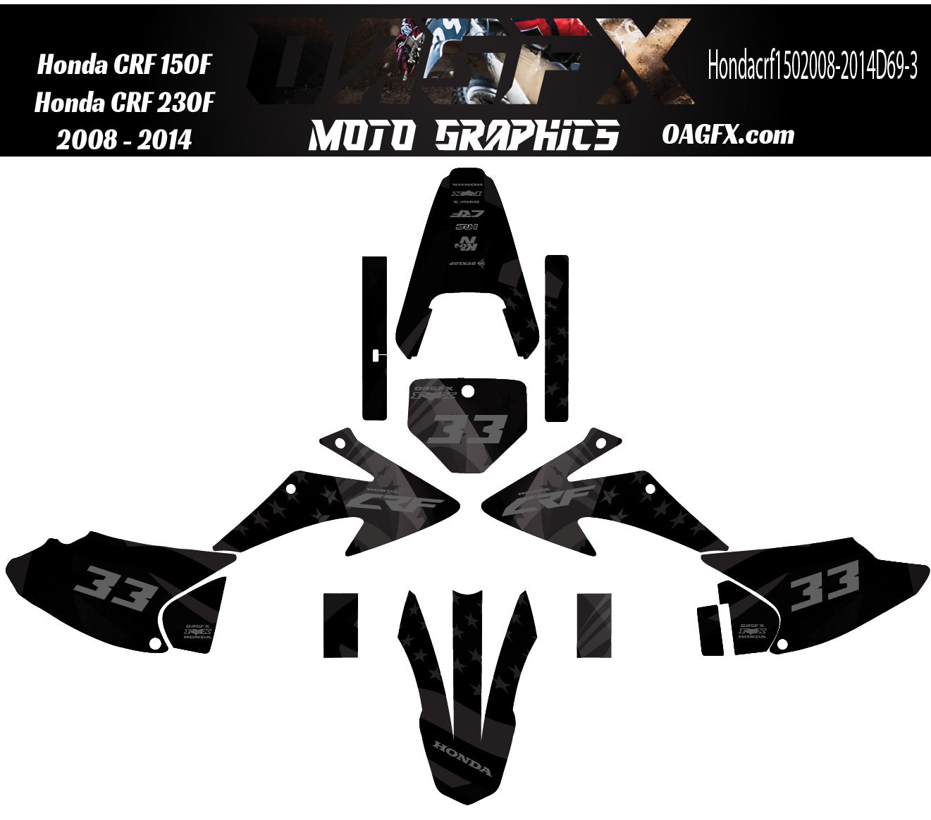 2008-2014 Honda CRF 150F 230F Graphics Kit - Pro Ed D69-3 USA Flag Stealth