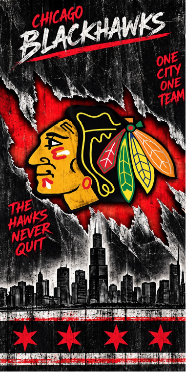 Chicago Blackhawks themed graphic print featuring the team logo, 'Chicago Blackhawks' text, 'One City One Team' slogan, 'The Hawks Never Quit' text, a black and white Chicago skyline, and red stars on a distressed black, red, white, and gray background.