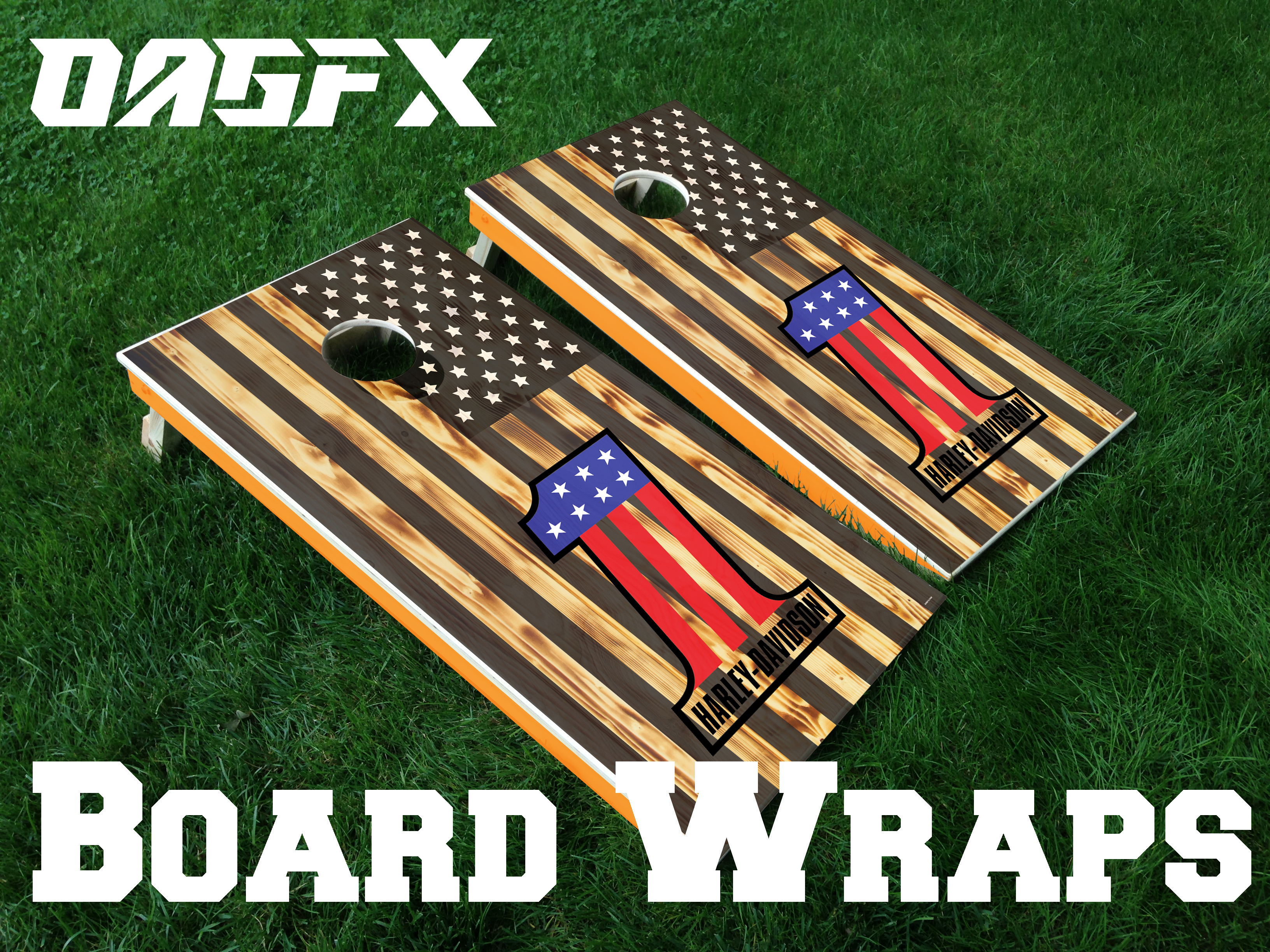 Harley Davidson & Flag Cornhole Board Skins (Pair)
