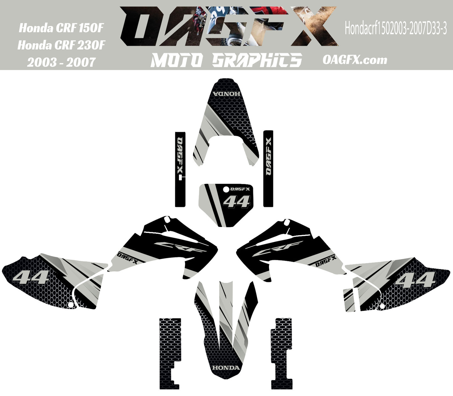 2003 - 2007 Honda CRF 150F 230F OAGFX Graphics Kit - Pro Ed D33-3 Grey